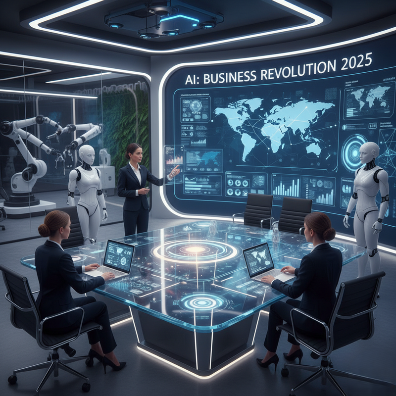 "AI transforming businesses in 2025 illustration" "Artificial Intelligence in modern business operations" "AI-powered customer experience and automation" "Future of AI in business decision-making"